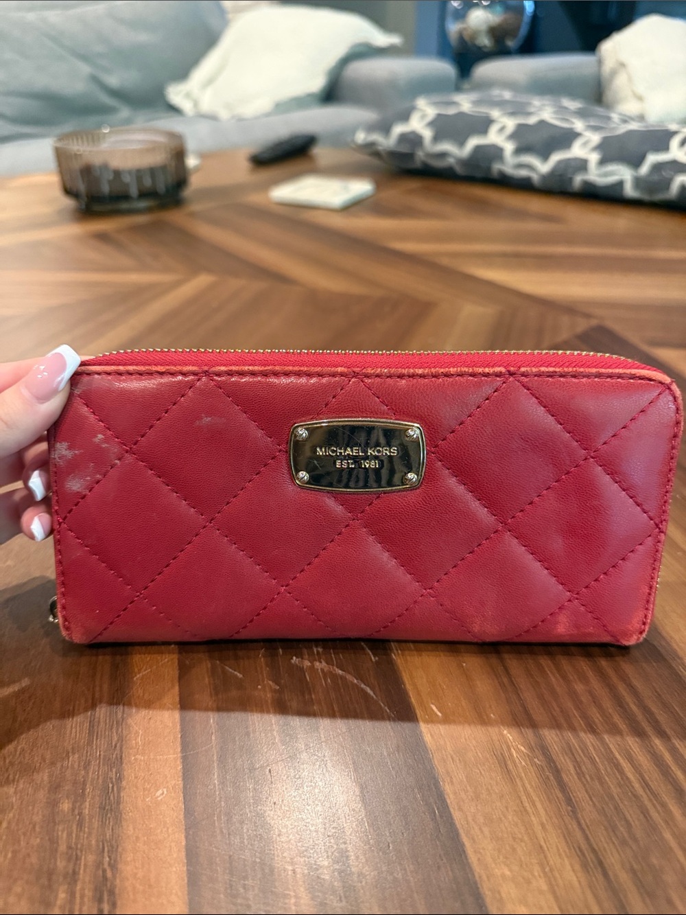 Michael Kors Red Quilted Zip-Around Wallet with Gold Plate